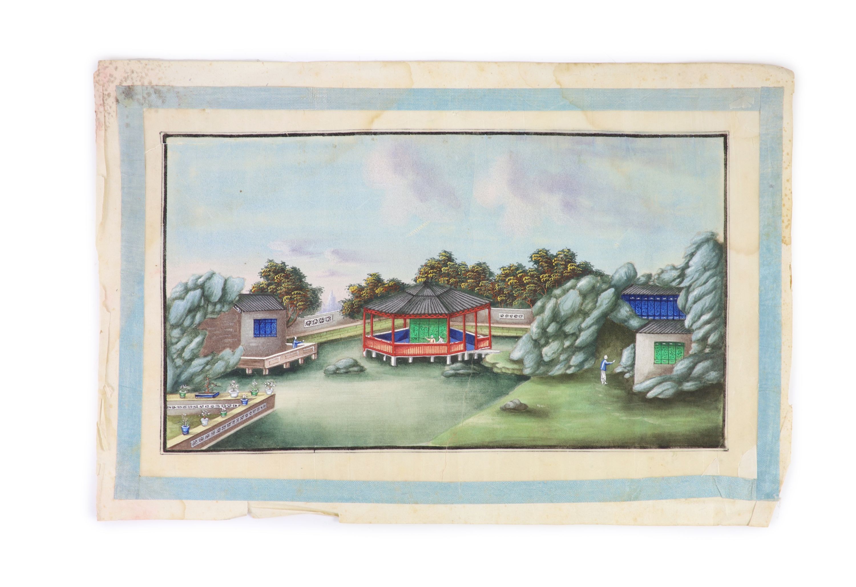 A Chinese pith painting of a figures in a pavilion garden, by Ting Hua, c.1850, Total size 24 x 36 cm